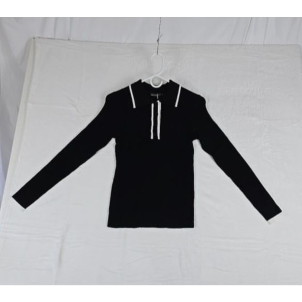 NENONA Ribbed Polo Sweater Women's Small Black Long Sleeve V-Neck Slim Knit Top